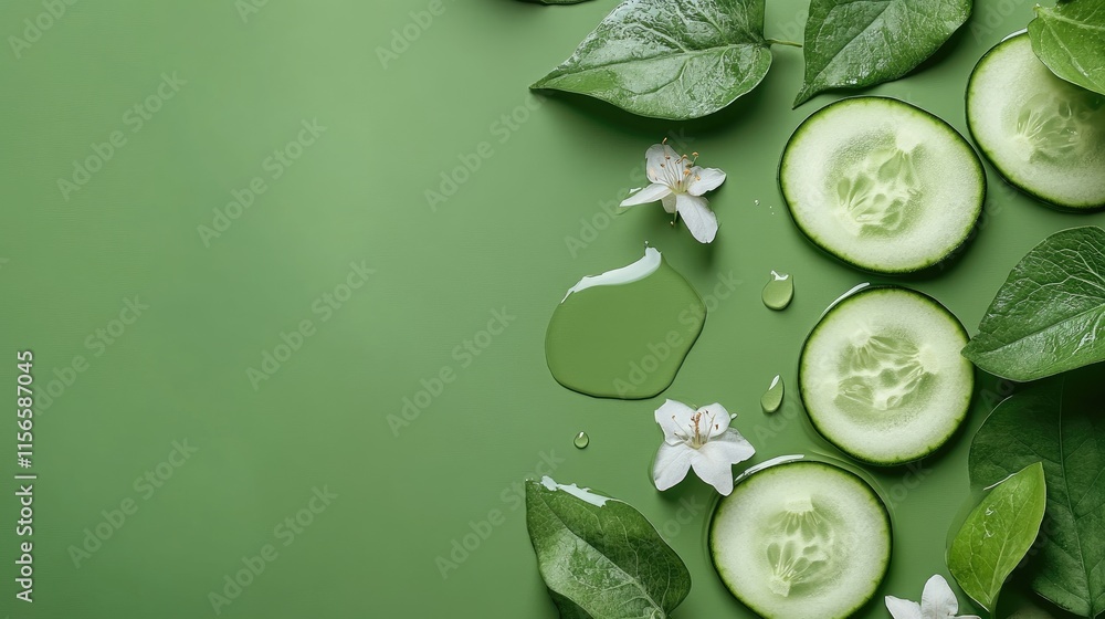 Poster cucumber slices and green leaves on smooth surface with fresh flowers and space for text in natural 