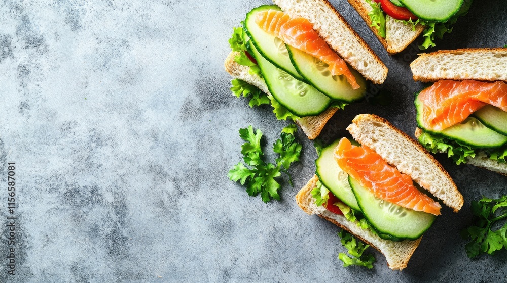 Poster cucumber slice sandwiches with smoked salmon on gray surface with empty space for text