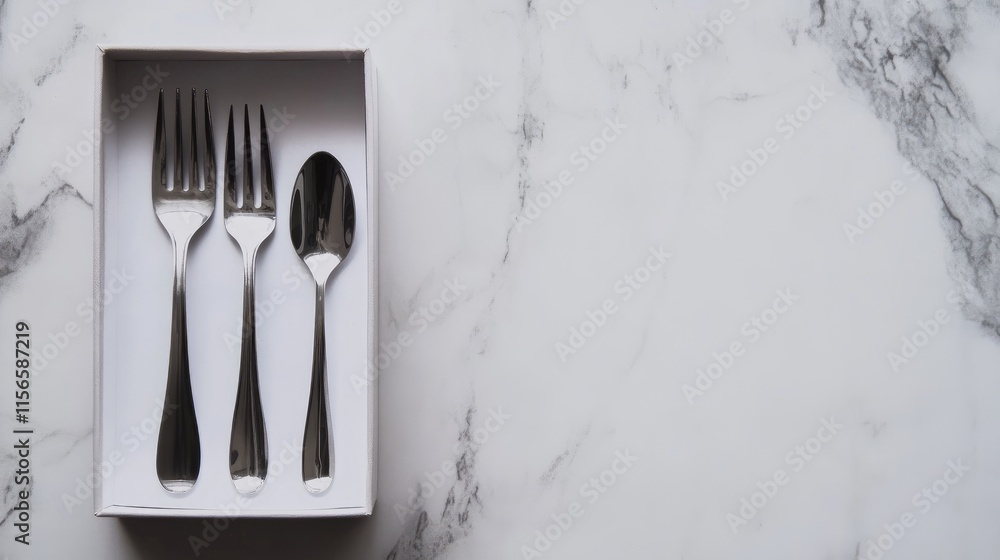 Poster stainless steel cutlery set in elegant box with empty space for custom text on marble background