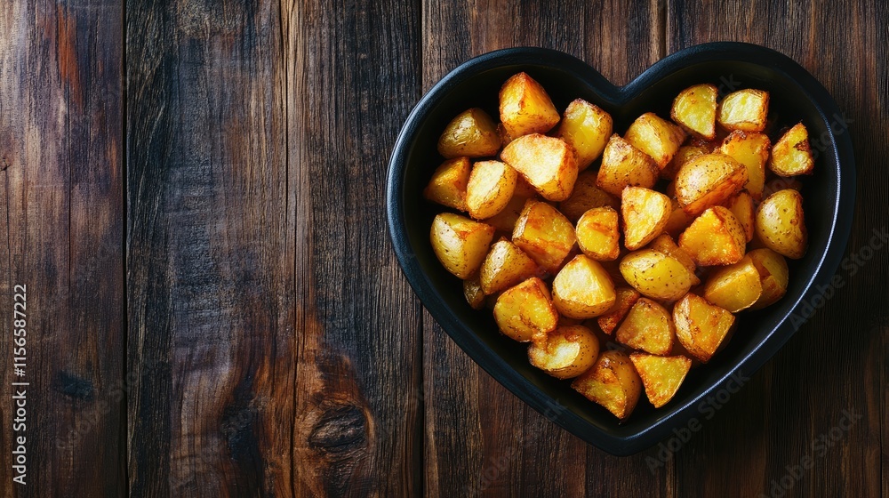 Poster heart shaped dish of crispy cubed fried potatoes on rustic wooden table with empty space for text an