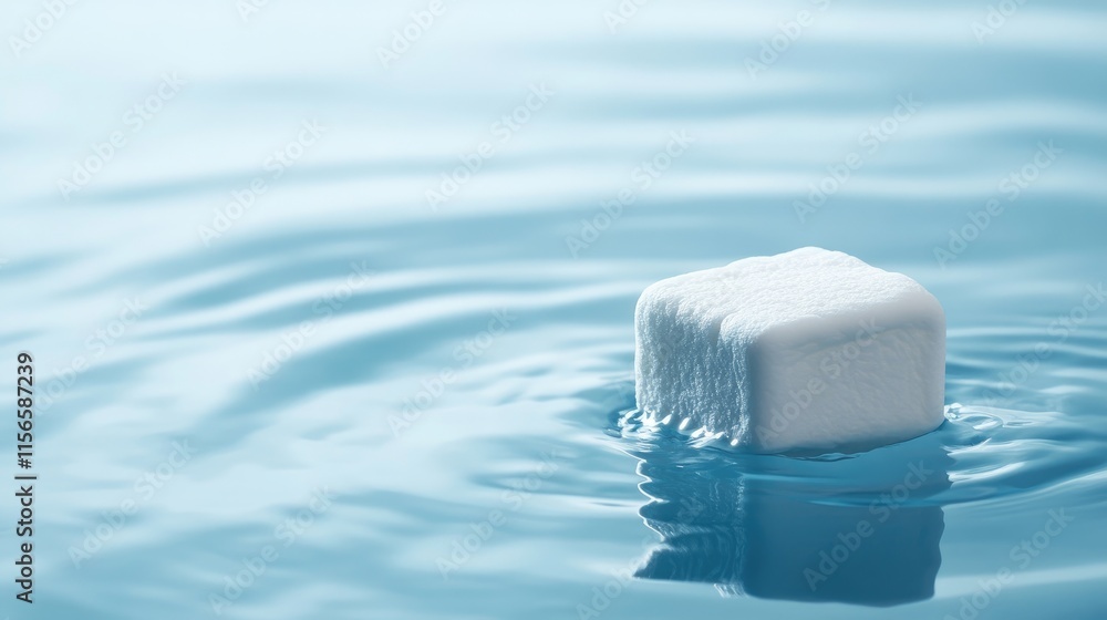 Poster marshmallow cube gently floating on tranquil water surface with soft ripples and clear copy space fo