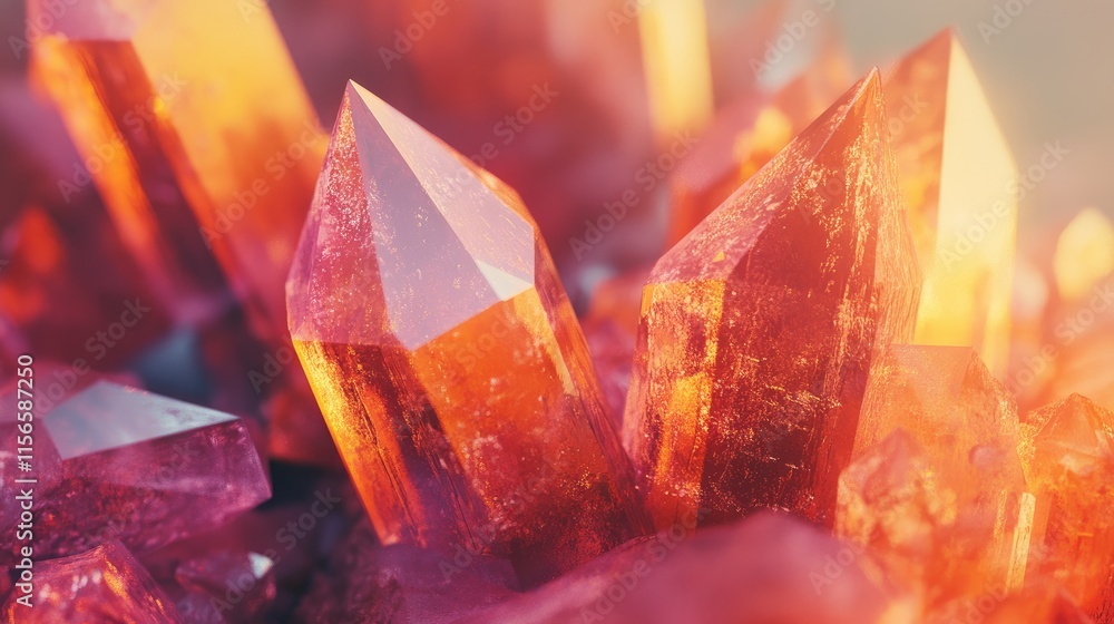 Poster vivid amber crystal formations in sharp detail with energetic light reflections creating a stunning 