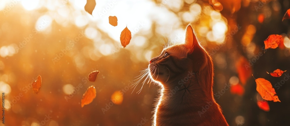Poster autumn vibes orange cat in park with falling leaves vertical background for text space