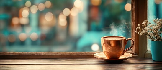Cozy Cafe Scene with Copper Coffee Cup and Cocoa on Window Sill with Blurred Background and Space for Custom Text