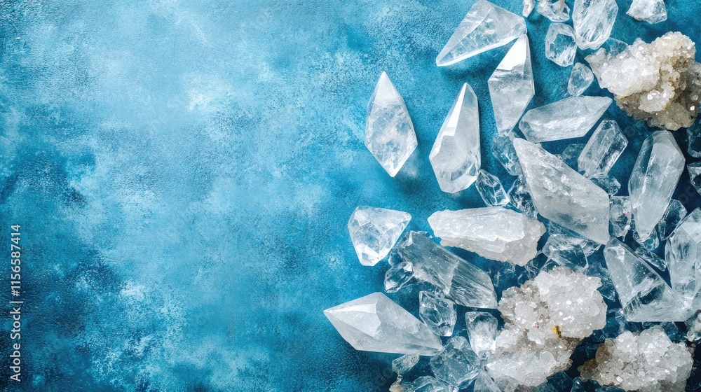 Poster crystal quartz healing stones arranged on a blue textured background with ample space for text and c