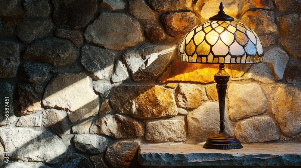 Poster elegant crystal lamp by window creating a colorful glass shadow on textured stone wall with ample sp