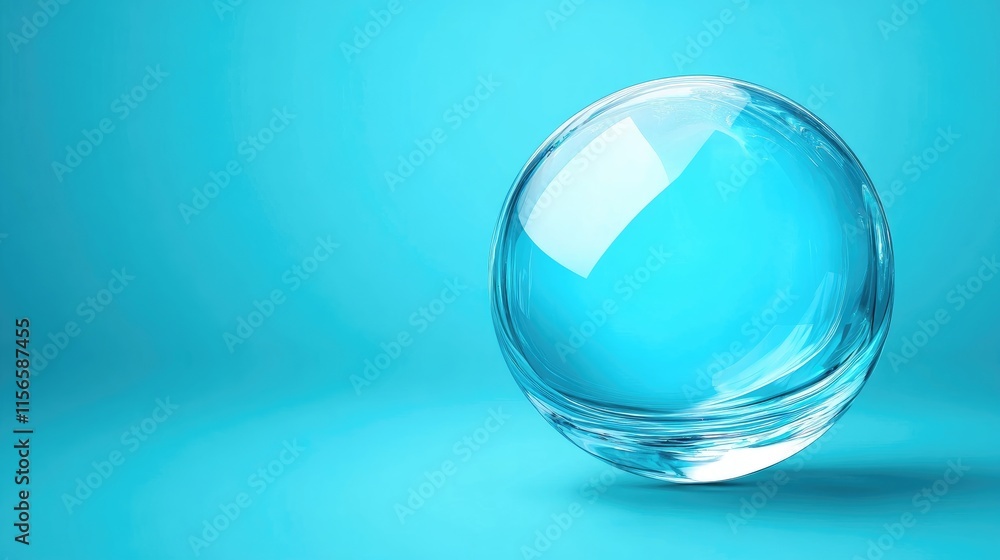 Poster transparent crystal glass sphere on blue backdrop with copy space for branding or text placement in 