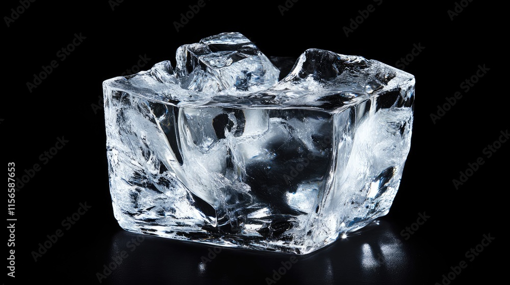 Poster crystal ice cube with natural glacial form on black background featuring empty space for custom text