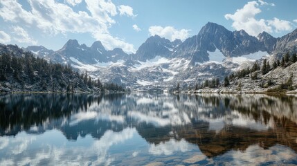 Tranquil Mountain Lake Reflections with Clear Blue Sky and Open Space for Text Overlay