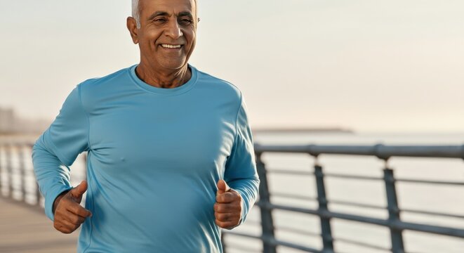 Mature indian man jogging on a sunny waterfront promenade for fitness and wellbeing - Powered by Adobe