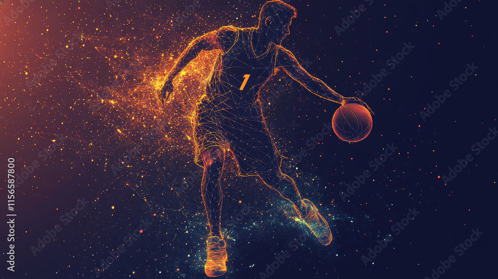 Poster basketball player consists of points, lines and triangles. the polygon shape in the form of a silhou