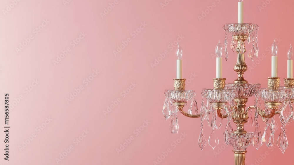 Poster elegant crystal candelabra on pink background with blank space for copy and text placement