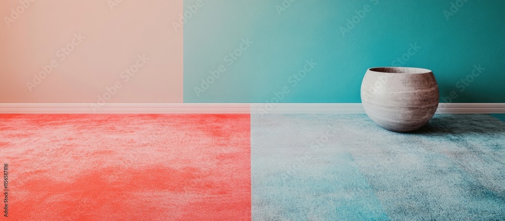 Poster coral and aqua geometric tape design on floor with empty space for text and a decorative pot in a mo