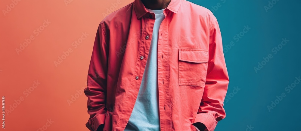 Poster coral overshirt lightweight button up on colorful background with space for text and casual styling