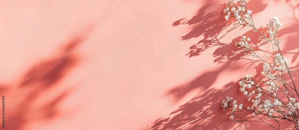 Poster coral color background with shadows gentle floral accents and space for text creating a calm tranqui