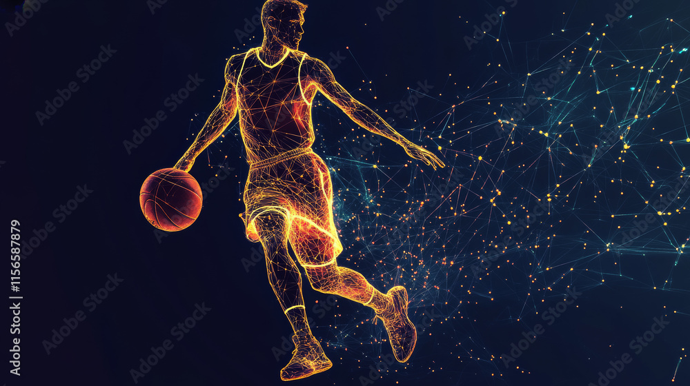 Poster basketball player consists of points, lines and triangles. the polygon shape in the form of a silhou