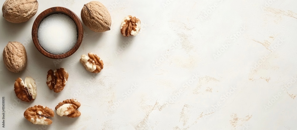 Poster elegant walnut composition on marble background with empty space for text or design elements