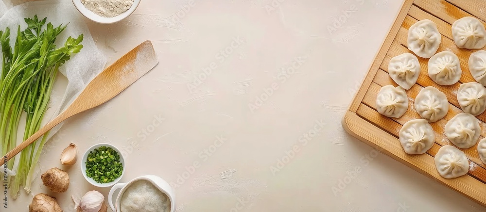 Poster dumpling preparation process with fresh ingredients and empty space for creative text options in a c