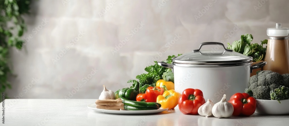 Aufkleber cookware and fresh colorful vegetables on a white table with empty space for culinary text or recipe