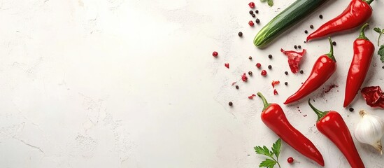 Fresh organic vegetables with red chilies and herbs on a textured background for culinary designs and recipe promotions.