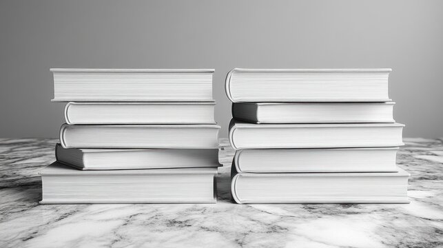 Two stacks of blank white books on marble.