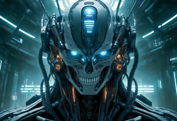 Fototapeta premium 宇宙船の中でサイボーグが青い目を光らせている,AI画像,Generative AI