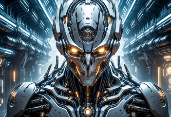 Fototapeta premium 宇宙船の中でサイボーグが金色の目を光らせている,AI画像,Generative AI