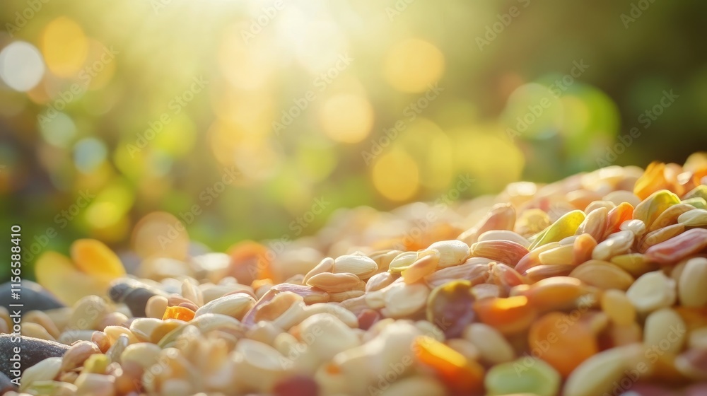 Poster colorful seeds scattered on a sunlit surface with blurred background and ample copy space for adding