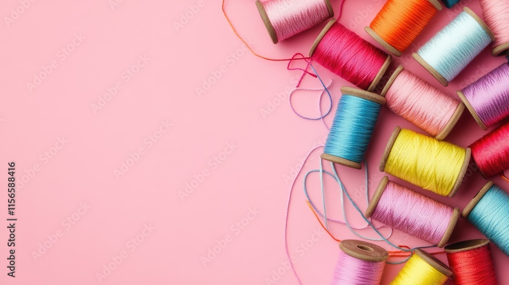 Poster colorful sewing spools scattered on a pink background with ample empty space for customizable text o