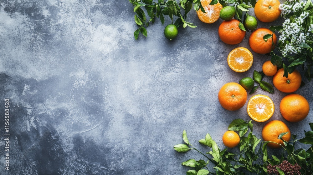 Aufkleber fresh oranges tangerines and mandarins arranged on a textured background with green leaves and empty