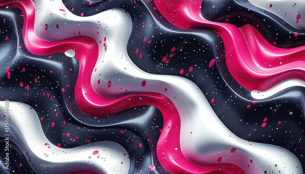 Poster abstract wavy pattern with vibrant colors and splashes on a dark background.