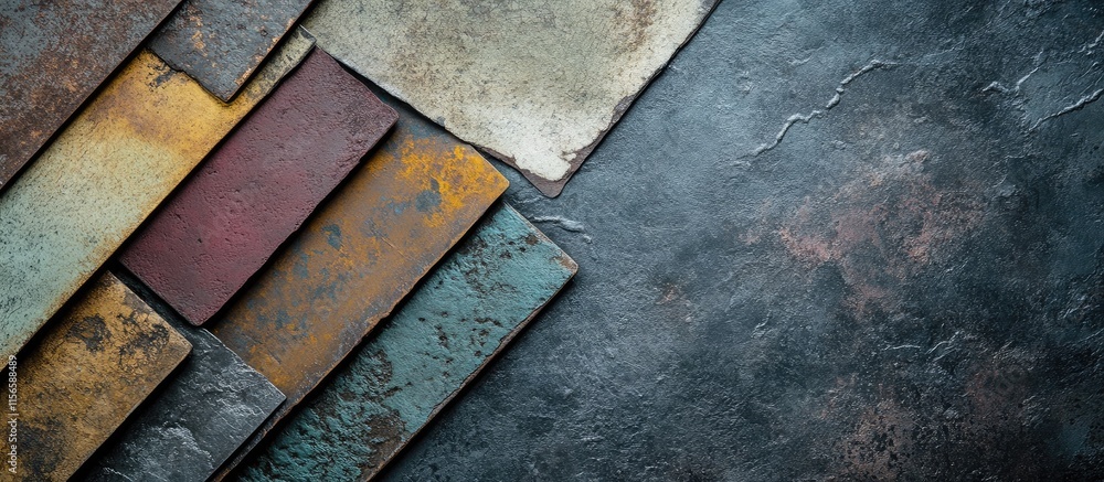 Poster Textured metal and slate surface with varied colors and planes creating a stylish background with ample empty space for text placement.