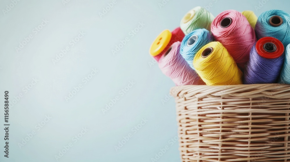 Poster vibrant sewing threads and assorted buttons in a wicker basket against a soft background with room f
