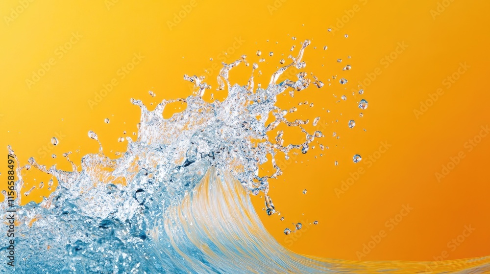 Poster vibrant sea wave crashing with dynamic water droplets on a bright yellow background creating space f