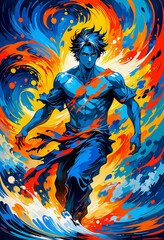 水の上を歩く上半身裸の男性,AI画像,Generative AI