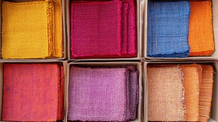 Fototapeta premium Colorful saffron mats neatly organized in cardboard boxes with ample empty space for text or design elements