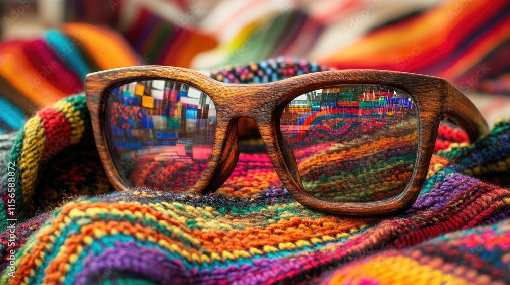 Poster handmade colorful sand art glasses from peru with reflections and vibrant textiles in background for