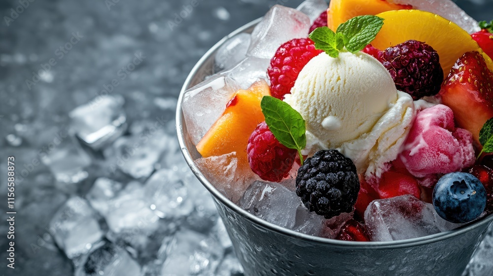 Poster fresh fruits and ice cream in a bucket surrounded by ice cubes with vibrant herbs and empty space fo