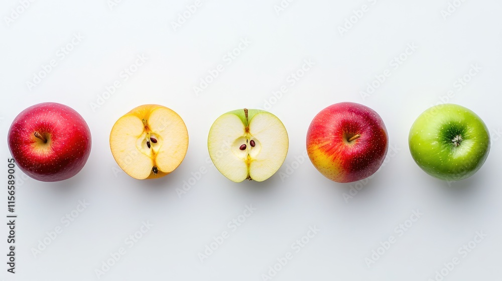 Aufkleber closeup of four fresh apples including a sliced apple on a white background with ample space for tex