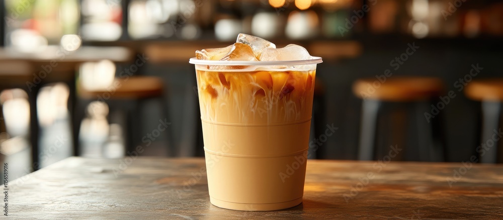 Poster iced latte in a transparent cup with ice on a wooden table in a cafe featuring blurred background an