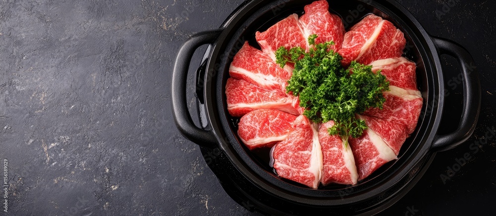 Poster Kangaroo Tail Beef Preparation in Black Pot with Fresh Herbs and Blank Space for Custom Text Overlay