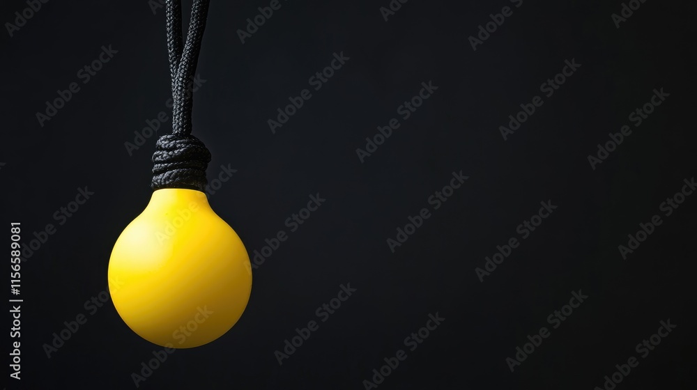 Poster closeup of a yellow lightbulb hanging from a black string against a dark background with ample space