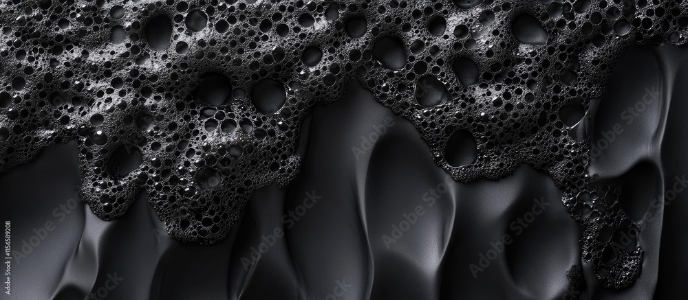 Poster vertical close up of textured black foam background with bubbles ideal for studio photography and de
