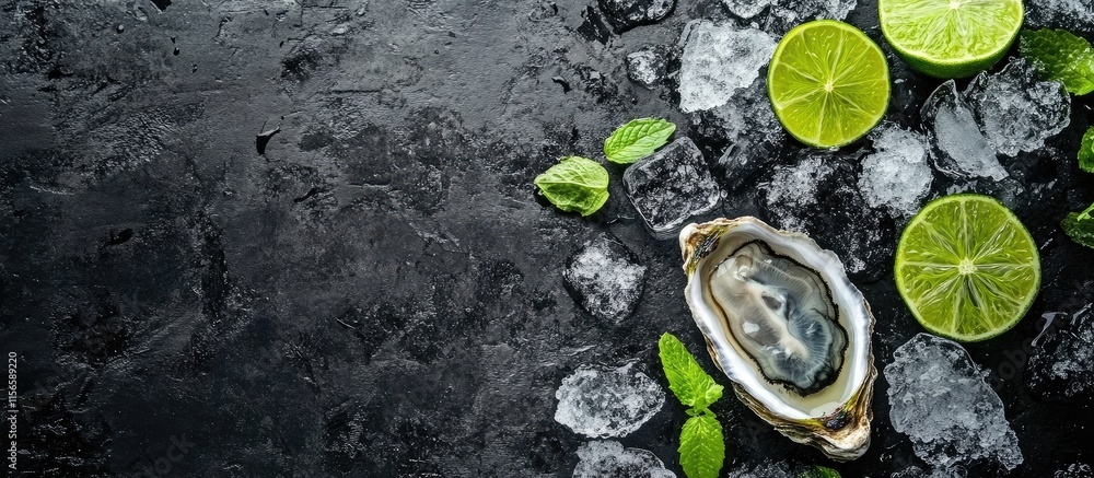 Aufkleber fresh oyster on cutting board surrounded by lime wedges and ice with dark background and empty space