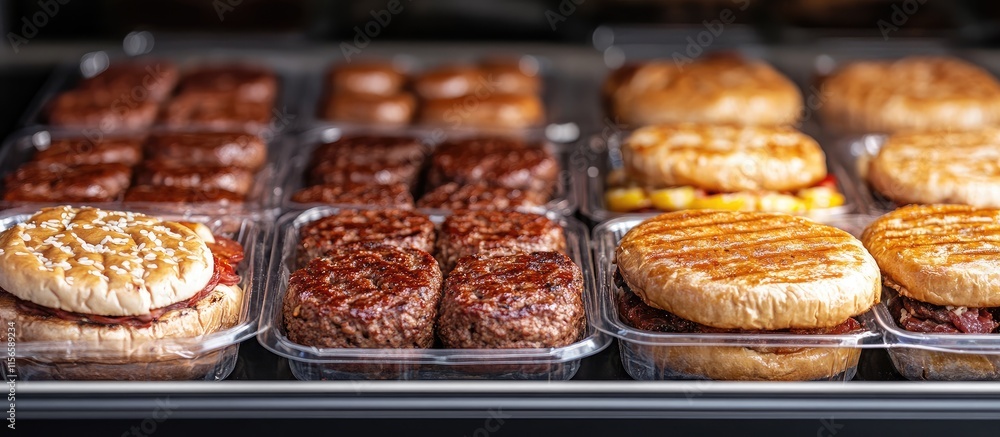 Poster freshly packed burger patties displayed in store ready for barbecue with empty space for customizabl