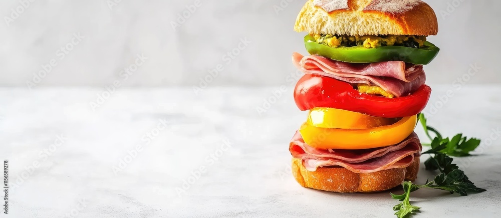 Poster stacked ham sandwich with vibrant peppers on a white backdrop showcasing a vegetarian option and amp