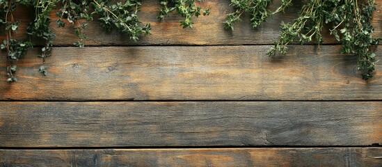 Fototapeta premium Freshly harvested garden herbs on rustic wooden table creating a natural background with ample space for text and design elements