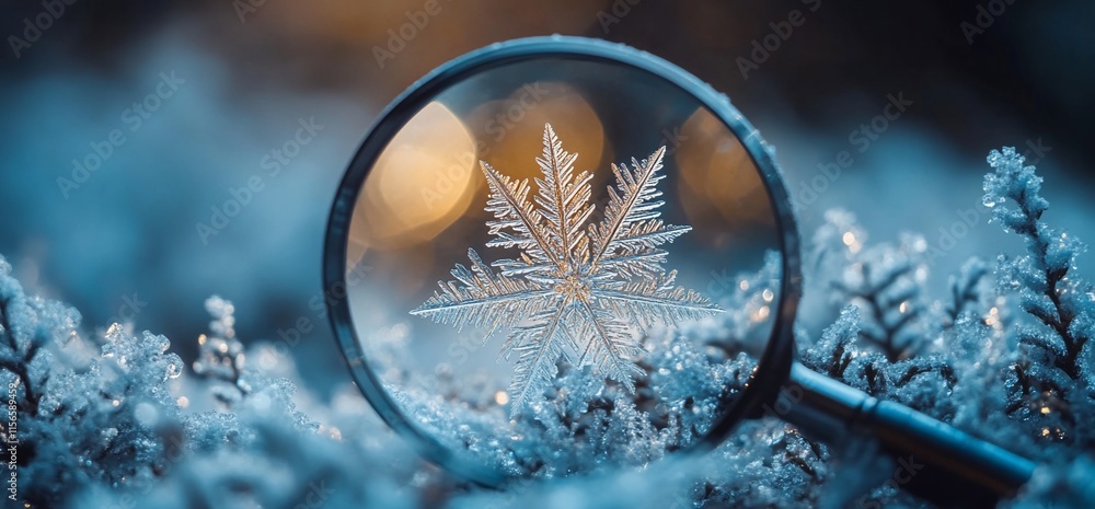 Poster a close-up of a snowflake magnified, showcasing intricate details in a frosty setting.