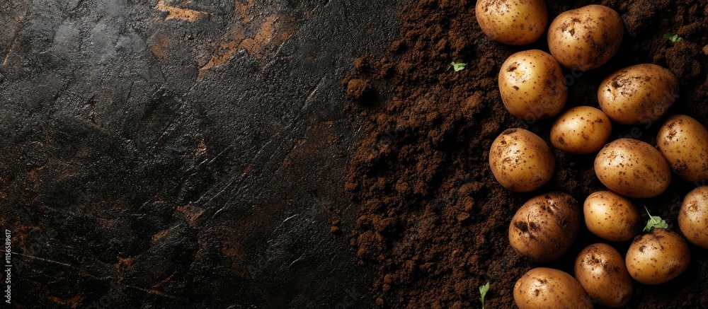 Aufkleber freshly harvested organic potatoes on dark soil with ample empty space for text and design elements 