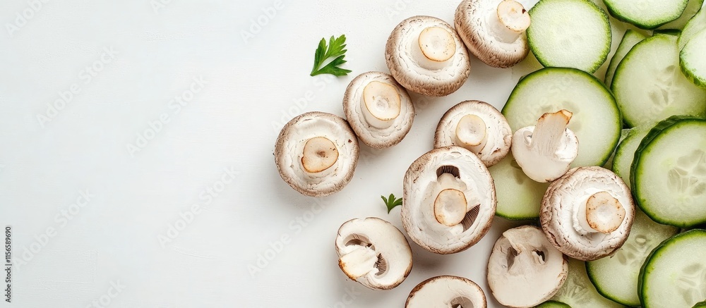 Poster Sliced Mushrooms and Cucumbers on White Background with Space for Text Perfect for Tacos or Salad Recipes